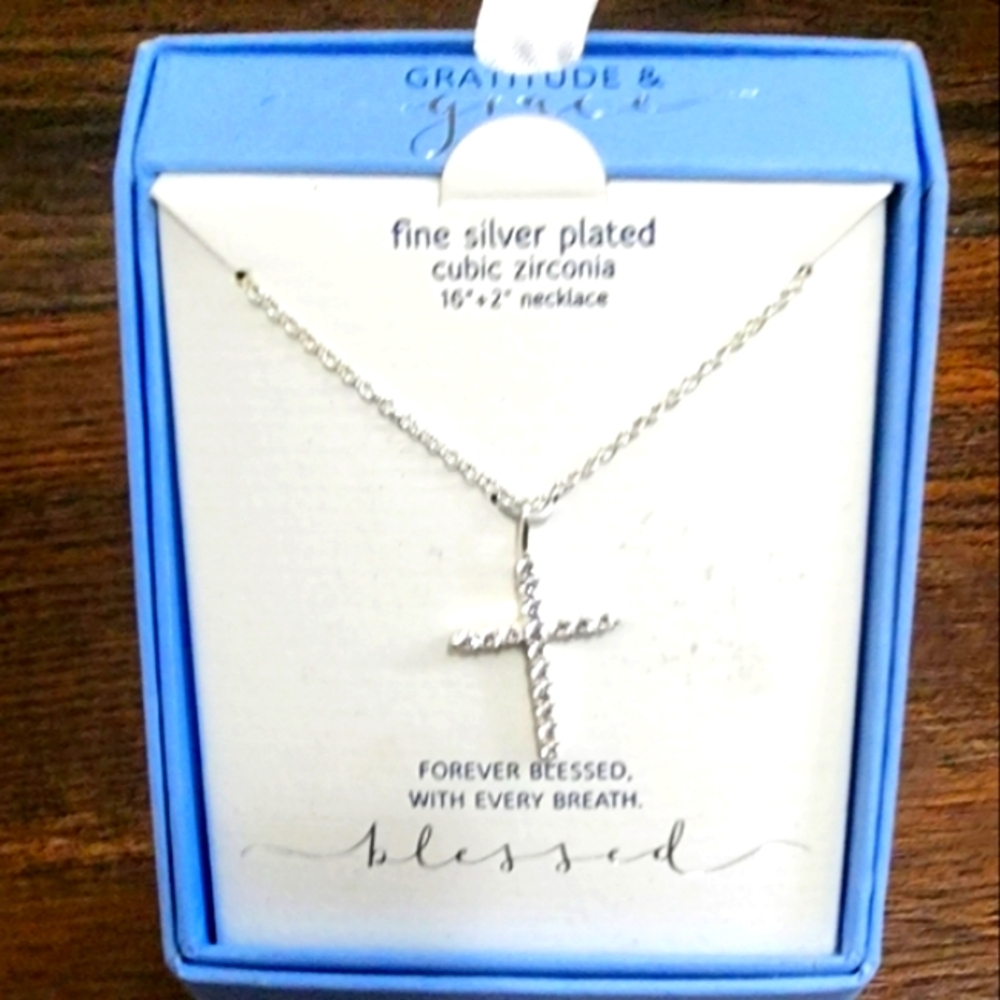 New In Box Sterling Plated Cross Pendant Necklace